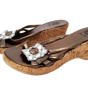 yellow box womens buckle studded accent slip on copper color 3" wedge sandals